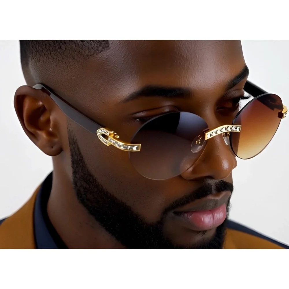 Rimless Sunglasses Oval Lens Wood Grain Frame Rhinestone Accents‎ Men Gafas 2026